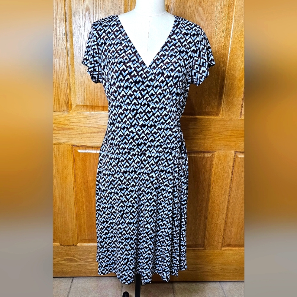 AB Studio Wrap Maxi Dress, Brown & Blue Contemporary Pattern, Woman's Large